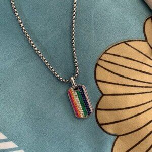 David Yurman 925 Sterling Silver Fancy Red Streamline Dog Tag Necklace